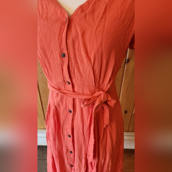Loft V Neck Midi Shirt Dress Coral Button Down Sundress Size 0 - Picture 9 of 13